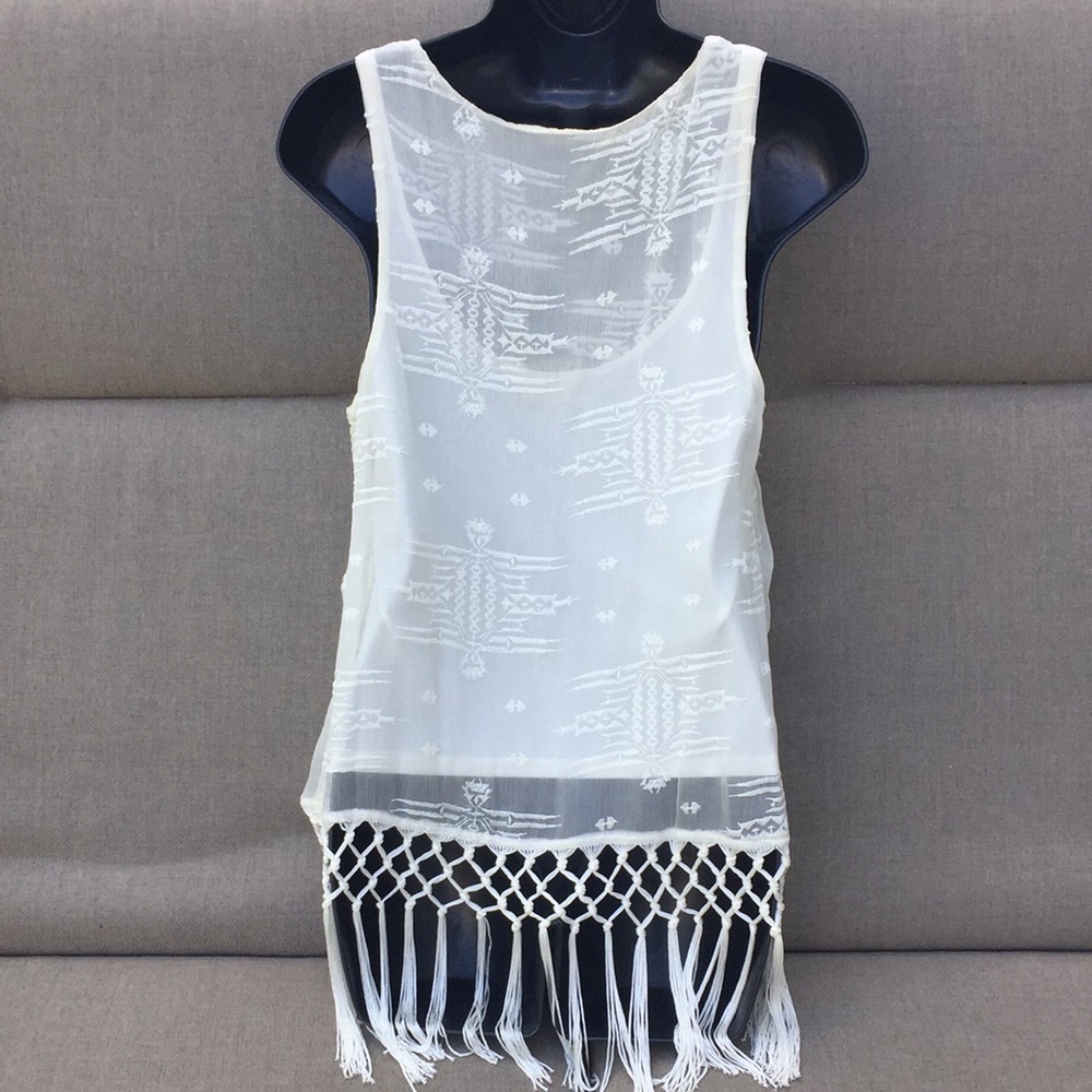AKIKO White Sheer Silk Boho Fringed Tank - Picture 2 of 8
